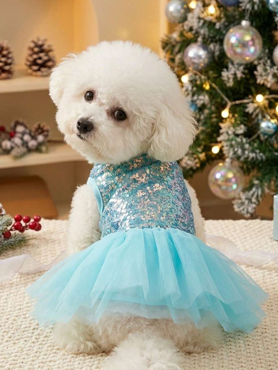 PETSIN Christmas Party Sparkly Sequin & Blue Mesh Pet Skirt - Multicolor - View 1