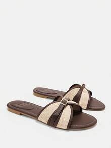 CUCCOO CURVES Fattened Wide Last Cross Sandals Female, Linen Splicing Metal Square Buckle Wide Open Line Flat Bottom Slippers, Summer Wear Open Toe - Coffee - View 2