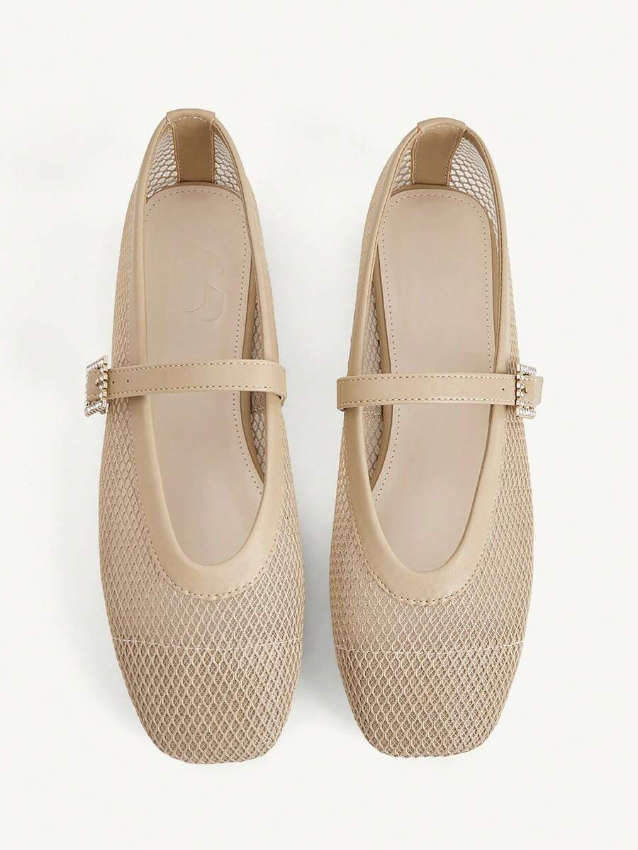 CUCCOO CHICEST 金屬扣飾方頭平底網布透氣純色PU拼接瑪麗珍女鞋，日常通勤鞋 - 棕色 - 查看 1