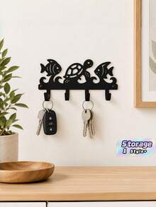 1PC Black Iron Wall Mounted Hook Rack Coastal Nautical Sea Turtle Fish Ocean Wave Pattern Decorative Towel Key Coat Hanger Organizer For Bathroom Entryway Door Back Home Storage Housewarming Gift Beach Style Wall Decor - View 1