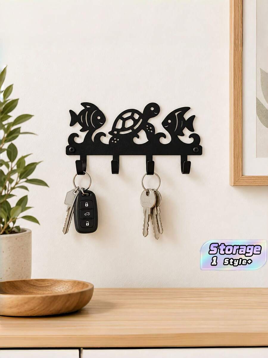 1PC Black Iron Wall Mounted Hook Rack Coastal Nautical Sea Turtle Fish Ocean Wave Pattern Decorative Towel Key Coat Hanger Organizer For Bathroom Entryway Door Back Home Storage Housewarming Gift Beach Style Wall Decor - View 1