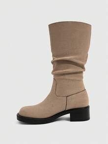 Daringsoles 復古英式秋冬厚底粗跟麂皮高筒靴 - 卡其色1 - 查看 4