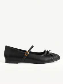 CUCCOO CHICEST Women's Shoes Spring And Autumn Small Bow Decoration Adjustable Gold Buckle Word With Straw Woven Color Matching Toe Small Square Toe Flat Heel Flat - Black - View 3