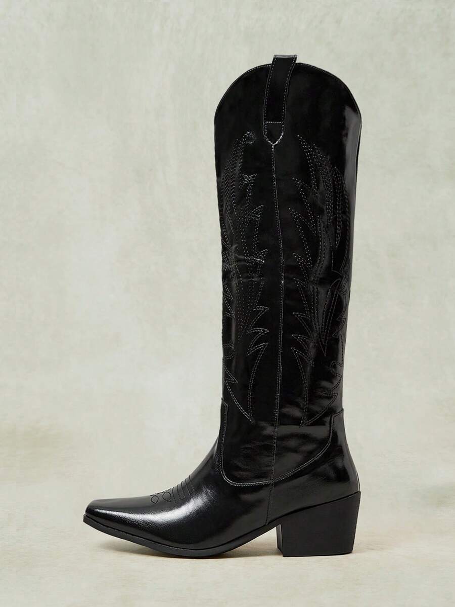 Styleloop Outdoor Women's Square Toe Molding Bottom Embroidery Thread Decoration Fashionable Simple And Comfortable Party Nightclub With Boots - Black - View 1