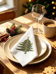 Cirelle 2/4pcs Christmas Embroidered Cloth Napkins, Poly Linen Blend Dinner Napkins With Gold Star Christmas Tree Embroidery, Rustic Farmhouse Holiday Cloth Napkins For Christmas Dinner, Holiday Party Table Decor - Multicolor - View 5