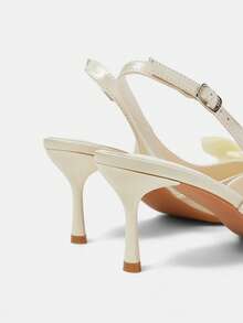 CUCCOO HITCHD Off-White Satin Back Stiletto Shoes, Satin Bow Crystal Ring Pointed Women's Shoes - Off-white - View 5