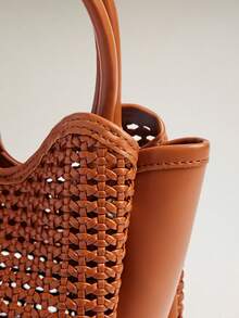 Wovira Ladies Handbag, Woven, Hollowed Out, Vacation Old Money Style, Simple Urban Fashion Vegetable Basket Bag, Suitable For Daily Commuting, Shopping, - Brown - View 5