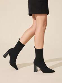 CUCCOO BASICS Women's Fashion Simple Pointed Elastic Knitted Breathable Black Ankle Boots, Thick Heel Design Fall Boots - Black fly weaving - View 2