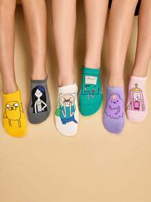 ADVENTURE TIME X SHEIN 6 أزواج من الجوارب الرقيقة المنخفضة التي لا تظهر، قابلة للتنفس وماصة للعرق، بتصميم وجه مبتسم لطيف، مناسبة للربيع والصيف، للجنسين - خلط الألوان - مشاهدة 2