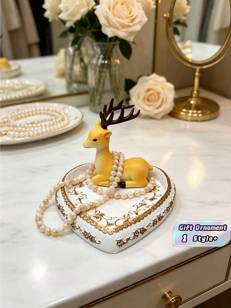 1PC Resin Heart Shaped Yellow Reindeer Golden Embossed Jewelry Storage Tray Organizer Box For Earring Ring Necklace Bedroom Vanity Dresser Desktop Elegant Home Decor Gift Ornament - Multicolor - View 1