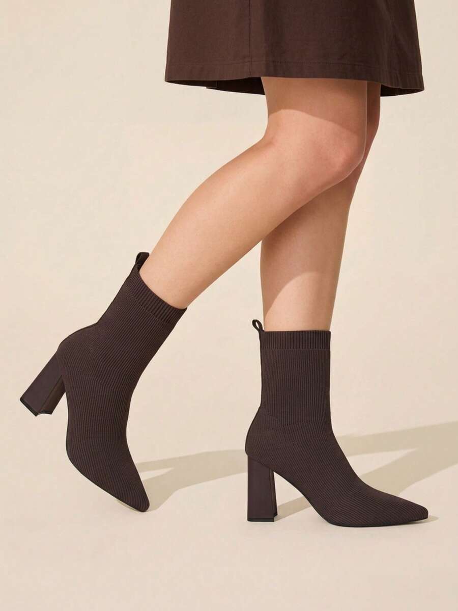CUCCOO BASICS Women's Fashion Minimalist Pointed Toe Elastic Knit Breathable Brown Ankle Boots, Chunky Heel Design Fall Boots - Brown fly weaving - View 1