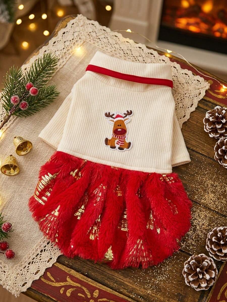 PETSIN Christmas Pet Dog Dress Reindeer Embroidery Red Fuzzy Skirt Winter Warm Xmas Holiday Outfit For Small Puppy Cat - White - View 1