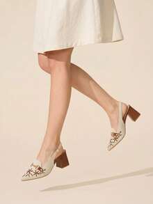CUCCOO BASICS Women's Fashion High-Heeled Shoes, Fabric Embroidered Thread, Suitable For Summer Vacation, Back To School, College Life, Spring And Spring Break - Beige - View 8