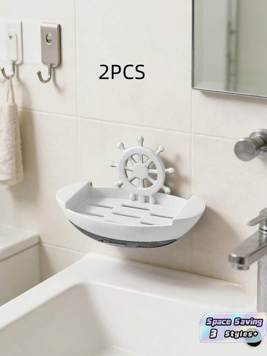 2 PCS Wall Mounted No Drill Boat Shaped Soap Dish Holder Self Draining Quick Drying Space Saving Soap Saver Organizer For Bathroom Kitchen Sink Shower Wall Decor Home Storage Rack - View 1