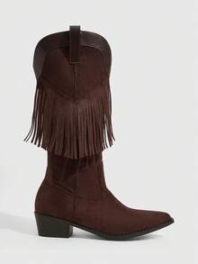 Daringsoles Women's Retro Western Style Pointed Thick Heel Fringed Medium Boots, Imitation Suede Splicing Boots, Suitable For Autumn And Winter Travel In A Daily Fall Boots - Coffee Brown - View 2