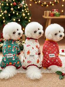 PETSIN Christmas Pet Dog Jumpsuit Pajamas 4‑Legged Xmas Print Warm Holiday Outfit For Small Puppy Cat - Multicolor - View 1