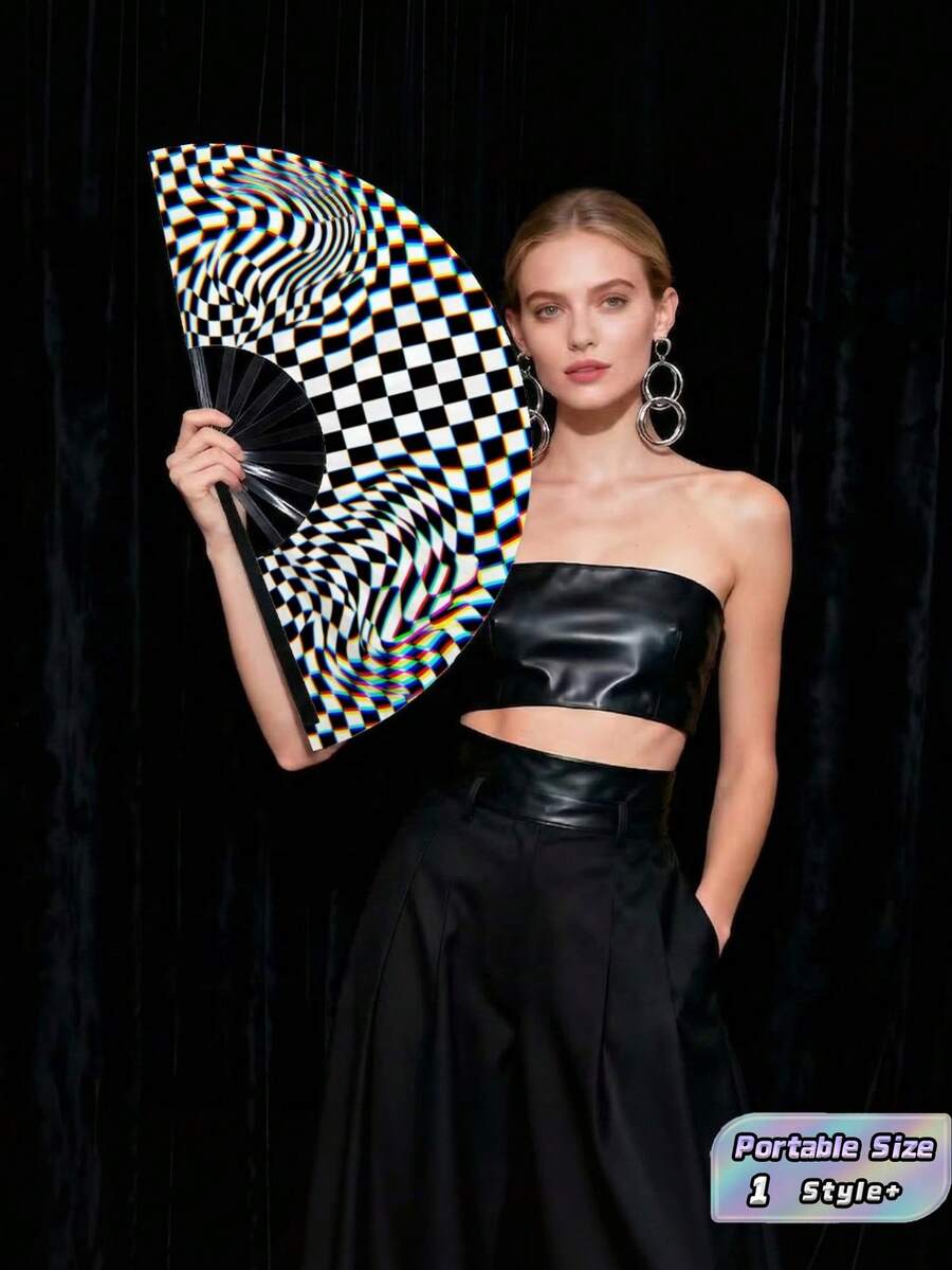 1 PC Optical Illusion Portable Folding Travel Cooling Breeze Wave Grid Distortion Design Handheld Fan For Home Party Concert Graduation Dance Performance Decoration Wedding Birthday Valentine Gift Summer Must Have - multicolor - View 1