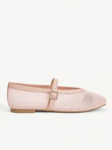 CUCCOO CHICEST Metal Buckle With Square Toe Flat Bottom Mesh Yarn Breathable Solid Color PU Splicing Mary Jane Shoes Women's Daily Commuting Shoes - Pink - View 3