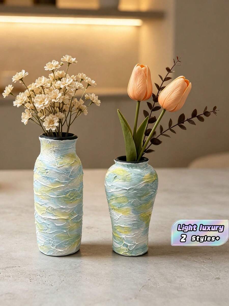 1PC Piece Resin Handpainted Textured Waterproof Blue Yellow Ombre Flower Vase For Living Room Dining Table Modern Farmhouse Home Decor Housewarming Gift Table Centerpiece - A - View 1