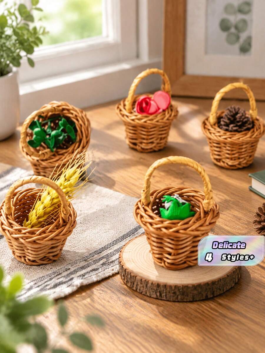 1/5/10/20/30pcs Mini Woven Rattan Decorative Baskets, Decorative Photo Props Small Woven Rattan Handheld Baskets, Rustic Style Furniture Decoration Baskets, Dollhouse Accessories, Diy Projects - Multicolor - View 1