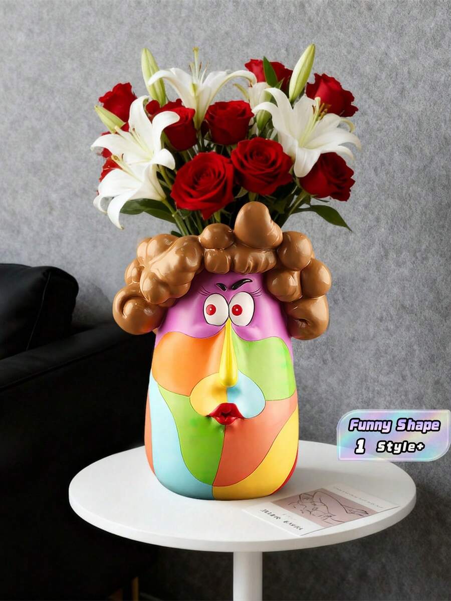 1PC Creative Ins Style Colorful Curly Hair Lady Resin Succulent Planter Pot Funny Cartoon Girl Flower Vase Desktop Ornament Home Office Decor Gift - A - View 1