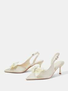 CUCCOO HITCHD Off-White Satin Back Stiletto Shoes, Satin Bow Crystal Ring Pointed Women's Shoes - Off-white - View 3