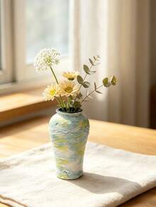 1PC Piece Resin Handpainted Textured Waterproof Blue Yellow Ombre Flower Vase For Living Room Dining Table Modern Farmhouse Home Decor Housewarming Gift Table Centerpiece - A - View 9