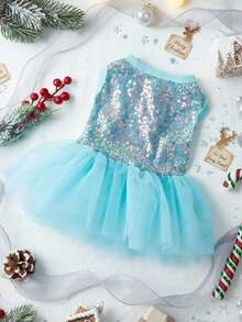 PETSIN Christmas Party Sparkly Sequin & Blue Mesh Pet Skirt - Multicolor - View 2