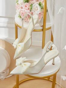 CUCCOO HITCHD Off-White Satin Back Stiletto Shoes, Satin Bow Crystal Ring Pointed Women's Shoes - Off-white - View 1