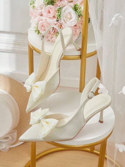 CUCCOO HITCHD Off-White Satin Back Stiletto Shoes, Satin Bow Crystal Ring Pointed Women's Shoes