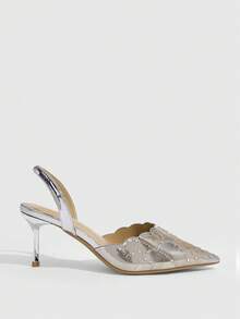 CUCCOO SZL Ladies Gorgeous Glitter Fabric Back Empty Heels Ladies Pointed Party Heels - Silver - View 2