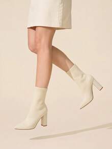 CUCCOO BASICS Women's Chic Cream Knitted Calf Boots With Block Heel And Pointed Toe For Everyday Style Fall Boots - Meter 1 - View 6