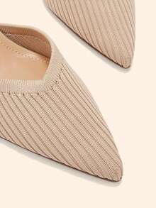 CUCCOO BASICS Women's Pointed Kitten Heel Apricot Knitted V-Mouth Striped Rear Elastic Band Women's Rear Empty Single Shoes Daily Commuting Elegant Breathable High - Khaki - View 4