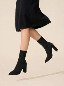 CUCCOO BASICS Women's Pointed Toe Chunky Heel Black Knit Fabric Comfortable Breathable Fashion Elastic Mid-Calf Boots For Christmas Spring Shoes Fall Boots - Black 1 - View 6