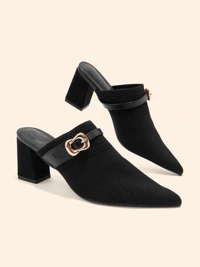 CUCCOO BASICS Women's Pointed Toe High Thick Heel Black Knitted Surface Buckle Women's Rear Empty Shoes Daily Commuting Elegant Breathable Elegant High