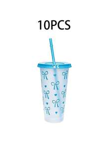 1/10Pcs, 24-Ounce Powder Blue Bowknot Plastic Cups With Lids And Straws, Reusable, Cute Transparent Plastic Cups, Suitable For Birthday, Wedding, And Party Supplies. Reusable Plastic Cups With Pink Ribbons, Summer Drink Cups - multicolor - View 9