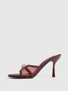 CUCCOO SZL Women's Metallic Gold Toe High-Heeled Sandals, T-Shaped Fringed Rhinestone Adjustable Buckle Rear Strap Party Women's Shoes - Burgundy - View 4