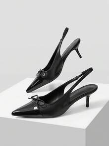Mnmlis Splicing Leather Small Bow Pointed Empty Sandals, French Kitten Heel Strap Stiletto High Heels - Black - View 5