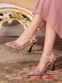 CUCCOO TILAWA Shoes Pink Sunflower Resin Sparkling Rhinestone Fashion Elegant Temperament Sexy Pointed Thick Heel Women's High Heels - Rear Buckle Exquisite Design, - Pink - View 2