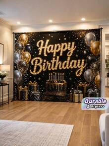 1Pc Black And Gold Birthday Backdrop, Polyester Party Background With Balloon Cake Gift Box Star Elements, For Adult Men Women Birthday, Photo Booth Dessert Table Banquet Hall Hotel Restaurant Home Celebration Decoration - Multicolor - View 1