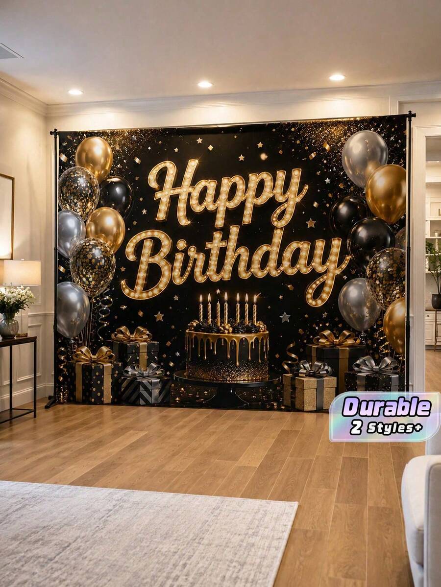 1Pc Black And Gold Birthday Backdrop, Polyester Party Background With Balloon Cake Gift Box Star Elements, For Adult Men Women Birthday, Photo Booth Dessert Table Banquet Hall Hotel Restaurant Home Celebration Decoration - Multicolor - View 1