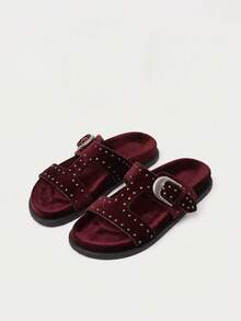 Nöista Coffee Brown Suede-Effect Slip-On Shoes With Riveted Criss-Cross Straps And Oversized Buckle, Blending Bohemian Style With Bold Design - Burgundy red - View 1