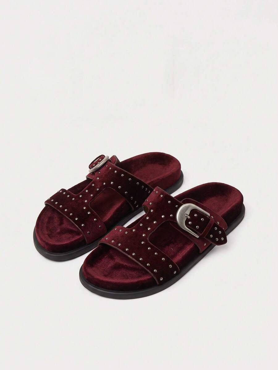 Nöista Coffee Brown Suede-Effect Slip-On Shoes With Riveted Criss-Cross Straps And Oversized Buckle, Blending Bohemian Style With Bold Design - Burgundy red - View 1