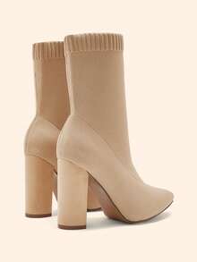 CUCCOO BASICS Chic Beige Knit Calf Boots With Block Heels Comfortable Sock Boot Design For Women Trendsetters Fall Boots - Apricot 1 - View 3
