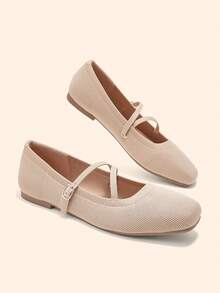 CUCCOO BASICS Women's Square Toe Flat Bottom Apricot Knitted Cross-Strap Ballet Flats Comfortable And Breathable Knitted Mary Jane Shoes Daily Leisure Commuting - Apricot - View 3