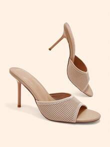 CUCCOO BASICS Women's Fashion Sexy Round Toe Woven Striped Fabric Basic Slippers, High Heels Lacquered Cone Heels. Light And Slouchy Mules Shoes. Suitable - Khaki - View 3