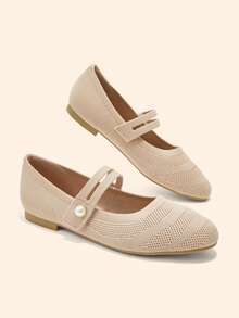 CUCCOO BASICS Women's Round Toe Flat Bottom Strip, Pearl Buckle Adjustment Strap, Apricot Knitted Ballet Shoes, Light, Soft And Breathable, Casual And Comfortable Fall Shoes - Apricot - View 3
