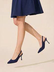 CUCCOO BASICS Women's Fashion Pointed V-Cut Fabric Woven Surface. Side Up To Buckle Empty Shoes. Painted High Heels, Breathable Mesh Comfortable. Suitable For Festive Fall Shoes - Navy Blue - View 7