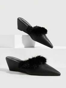 CUCCOO SZL Women's Snake Pattern Imitation Wool Decorative Pointed Wedge Heels, Heelless Lace-Up Fashion Sliding Shoes - Black snake pattern - View 1