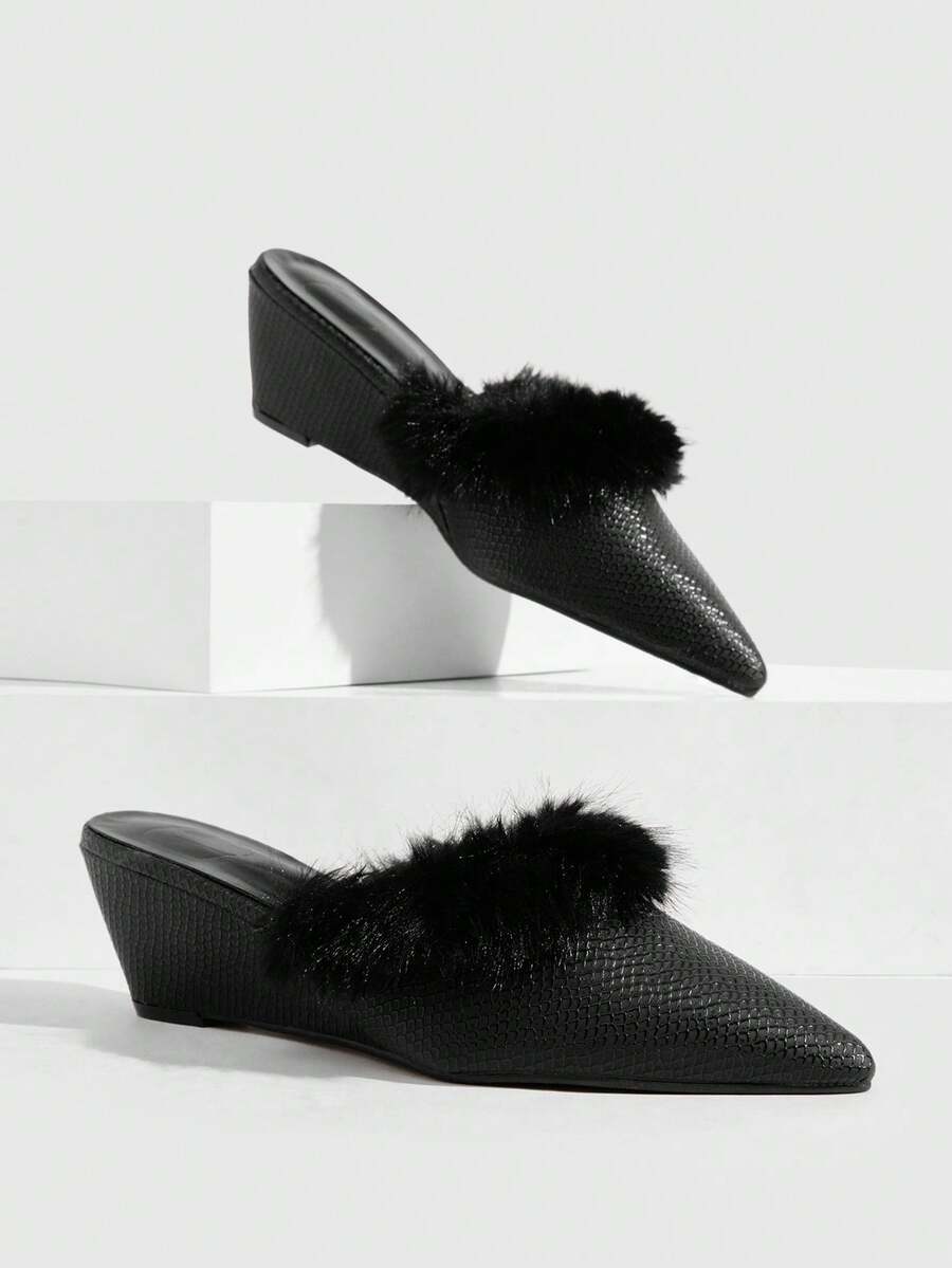 CUCCOO SZL Women's Snake Pattern Imitation Wool Decorative Pointed Wedge Heels, Heelless Lace-Up Fashion Sliding Shoes - Black snake pattern - View 1